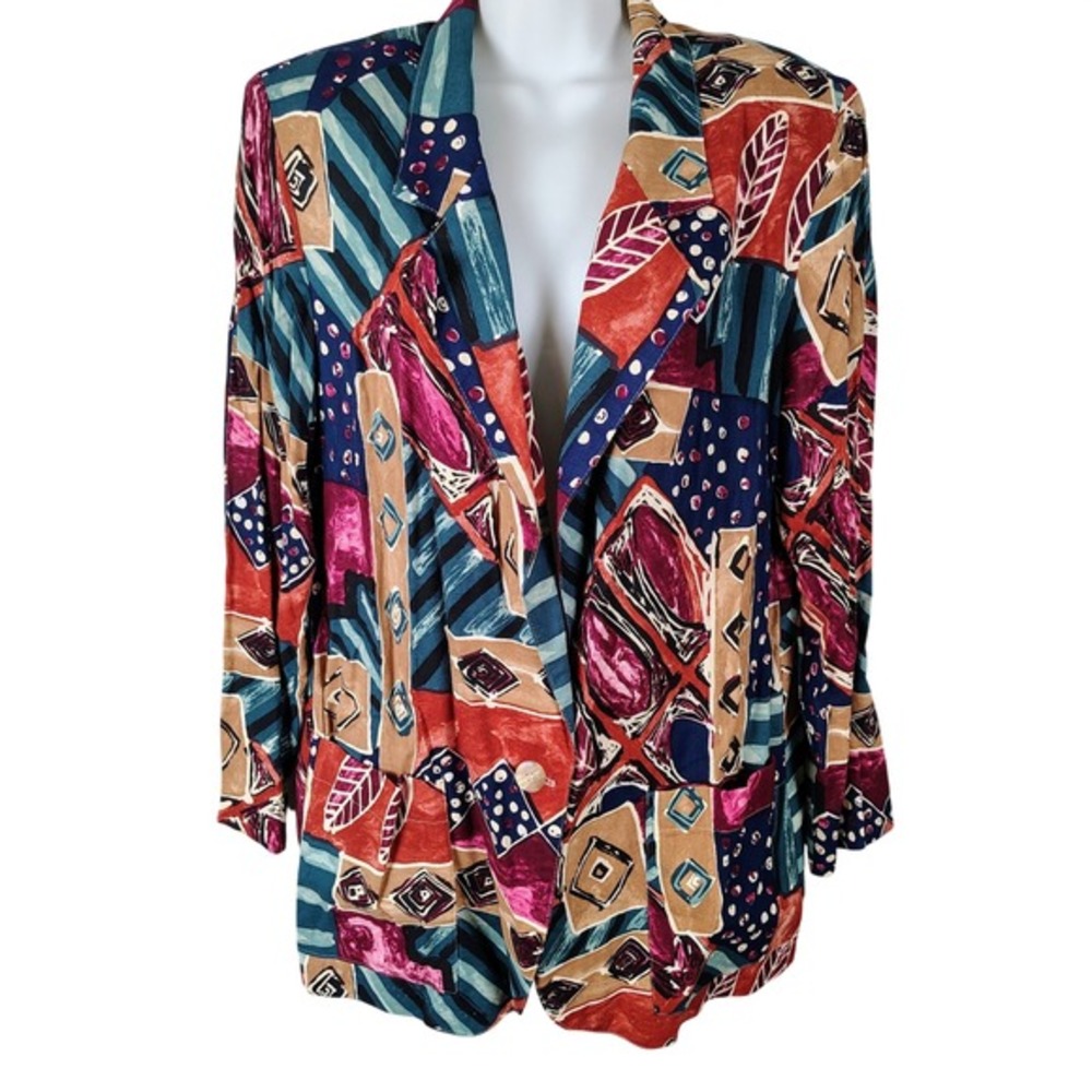 Danielle B Vintage 90s Abstract Geometric Rayon Blazer Jacket Medium‎ Multicolor